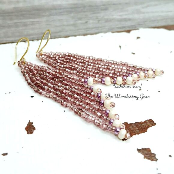 Pink & White Beaded Fringe Cascade Shoulder Duster Dangle Earrings, 3.5" - Picture 3 of 7